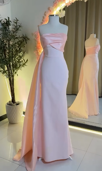 Niulatu Strapless Sheath Long Prom Dresses Chiffon Satin New Year Evening Dress Pink Formal Dresses HZ1026